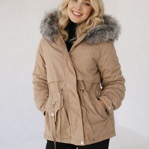 25. NWOT Women's Tan Parka with Faux Fur Hood PTP 21